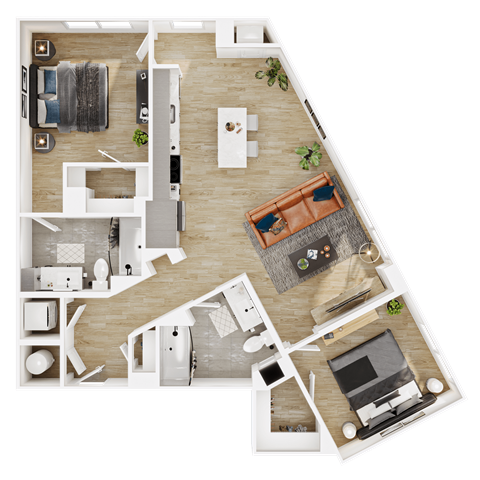 Floor plan for 2 beds, 2 baths, 1020 sqft